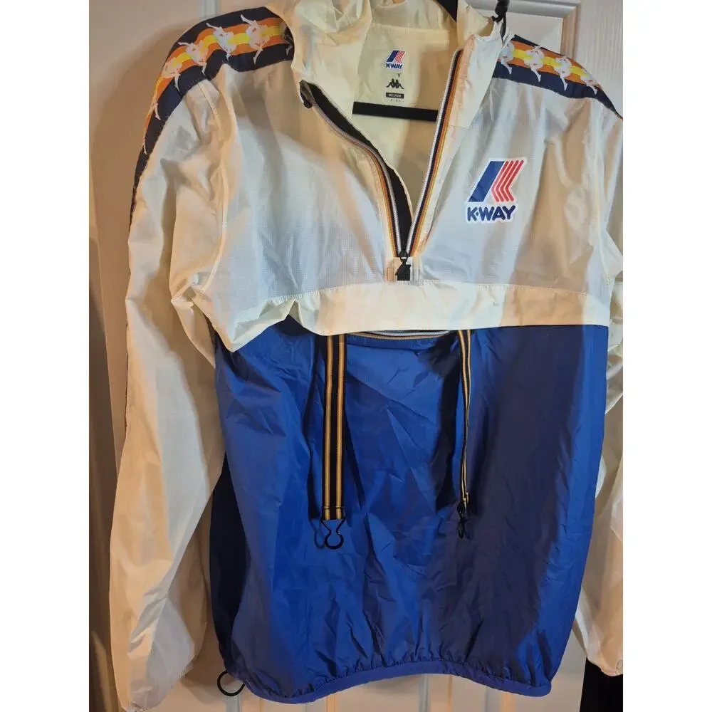 Kappa KWAY Blue White Windbreaker Jacket Medium Hoodie Italy Le Vrai Leon Banda